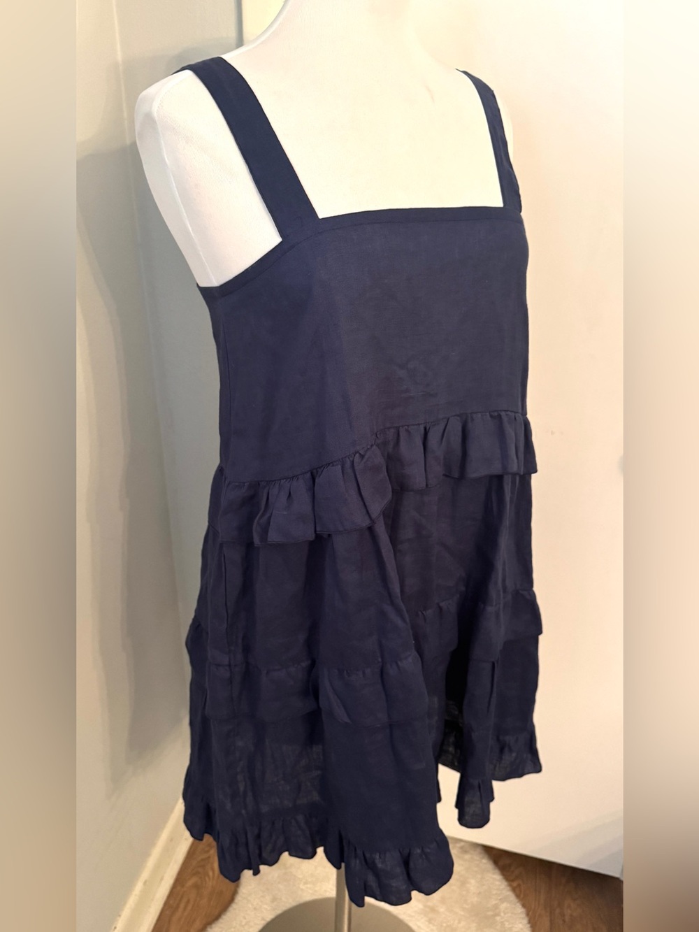 LJC Designs Navy Linen Ruffle Jumper Dress Sz S